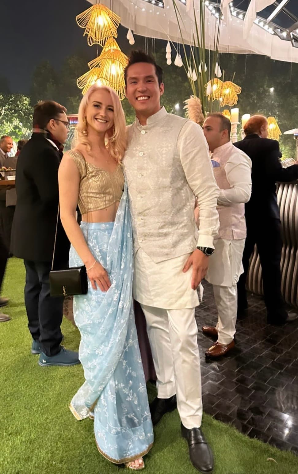 Katie and Fitz dressed up at an India wedding celebration