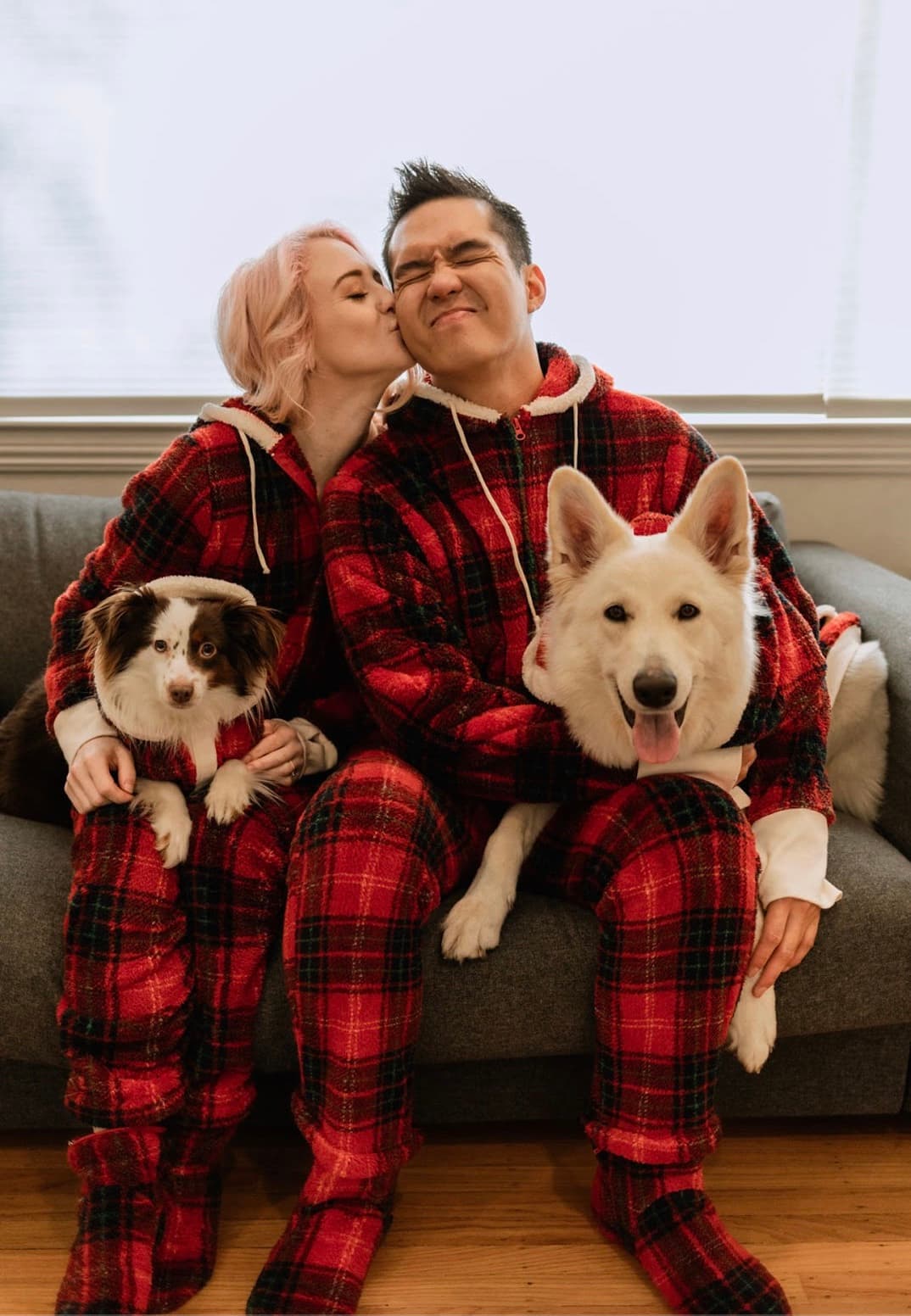 Katie and Fitz with the dogs at Christmas
